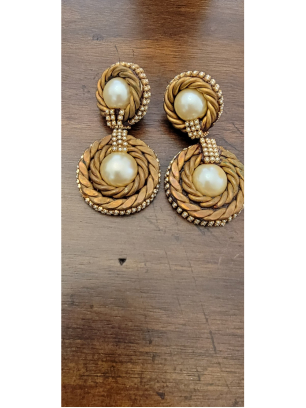 Vintage Faux Pearl Rhinestone Rope Swirl Clip On Statement Earrings Gold Tone